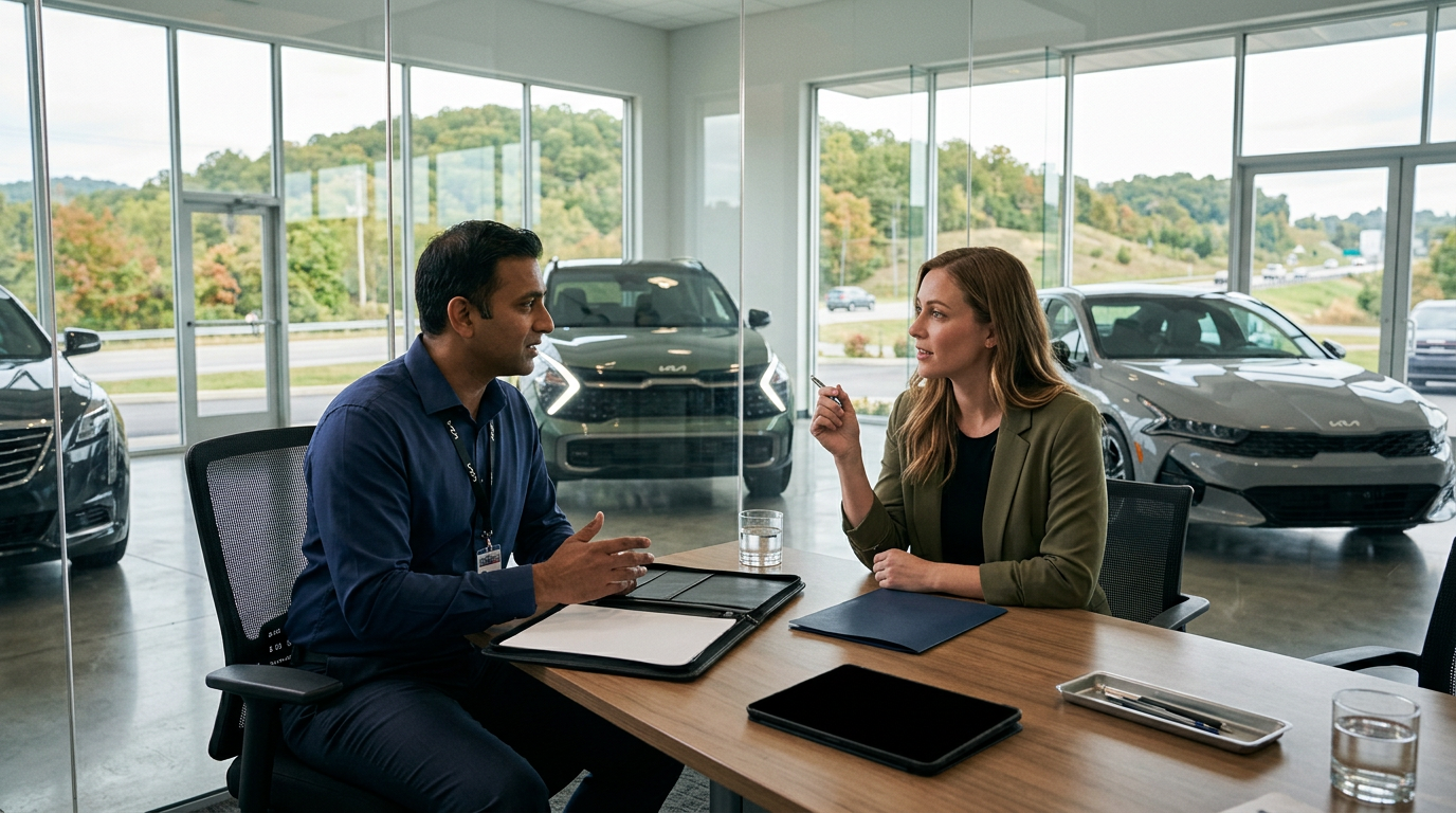 A car salesman discussing paperwork with a female customer at a desk inside a modern Kia dealership showroom. (Representative image for illustration purposes only. Actual vehicle may vary based on trim and configuration.)