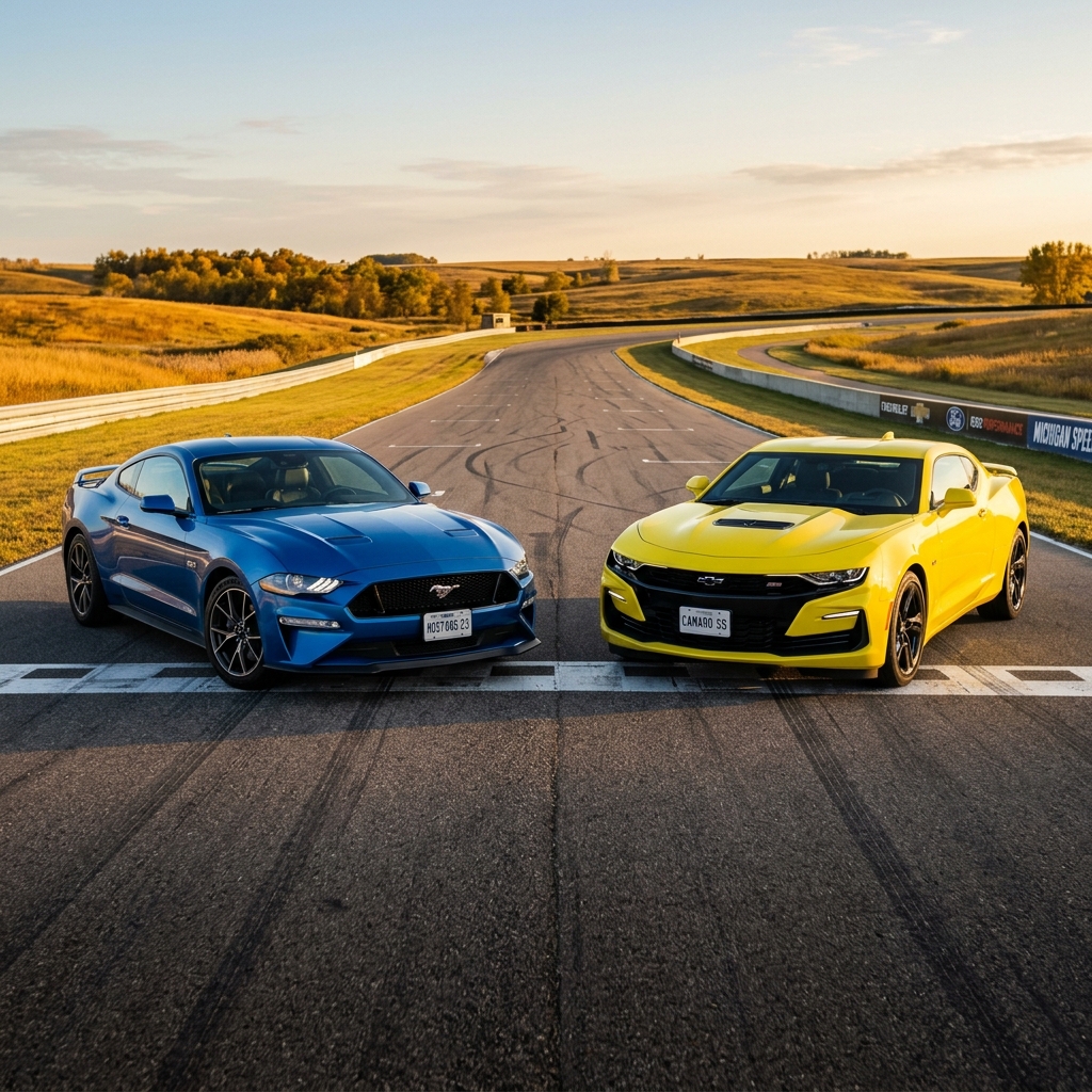 A blue Ford Mustang and a yellow Chevrolet Camaro SS parked side by side at a racetrack finish line. (Representative image for illustration purposes only. Actual vehicle may vary based on trim and configuration.)