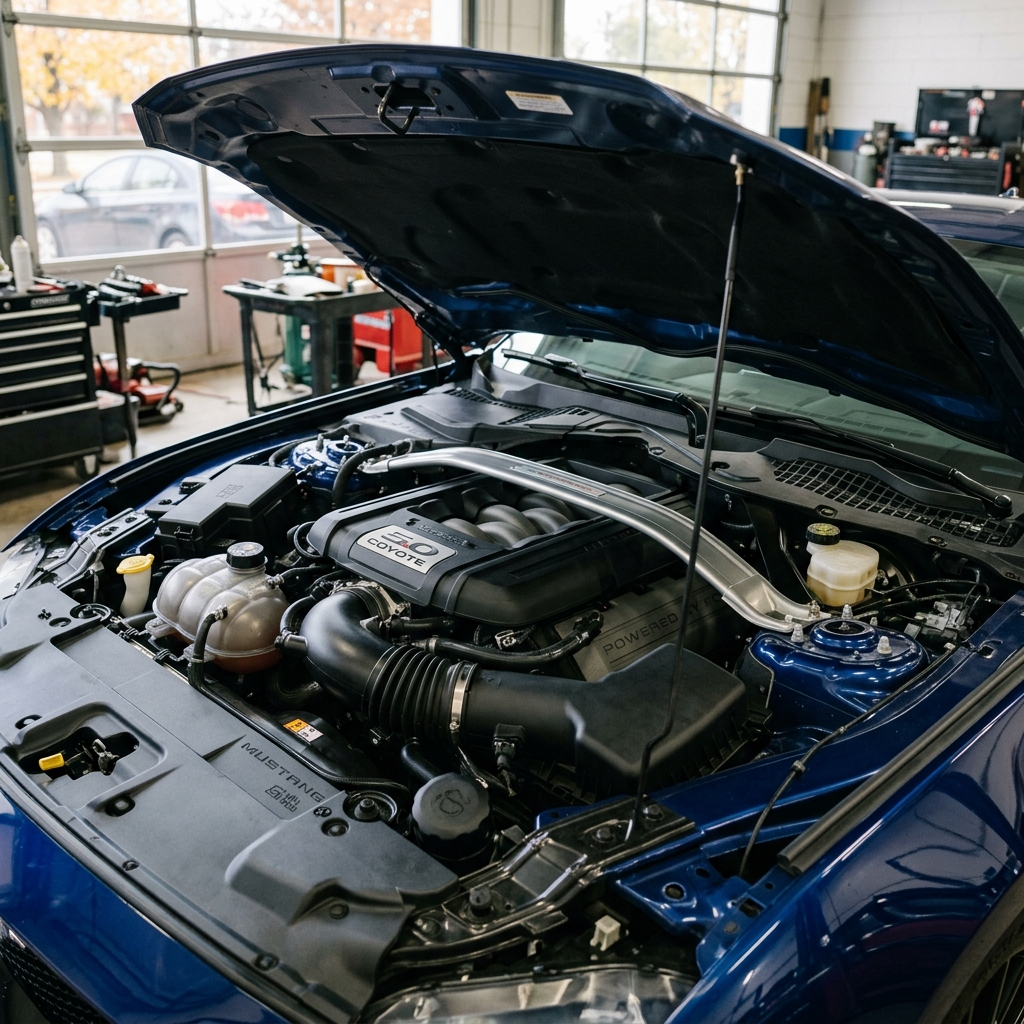 Open hood of a blue Ford Mustang displaying a 5.0 V8 Coyote engine inside an auto repair shop. (Representative image for illustration purposes only. Actual vehicle may vary based on trim and configuration.)
