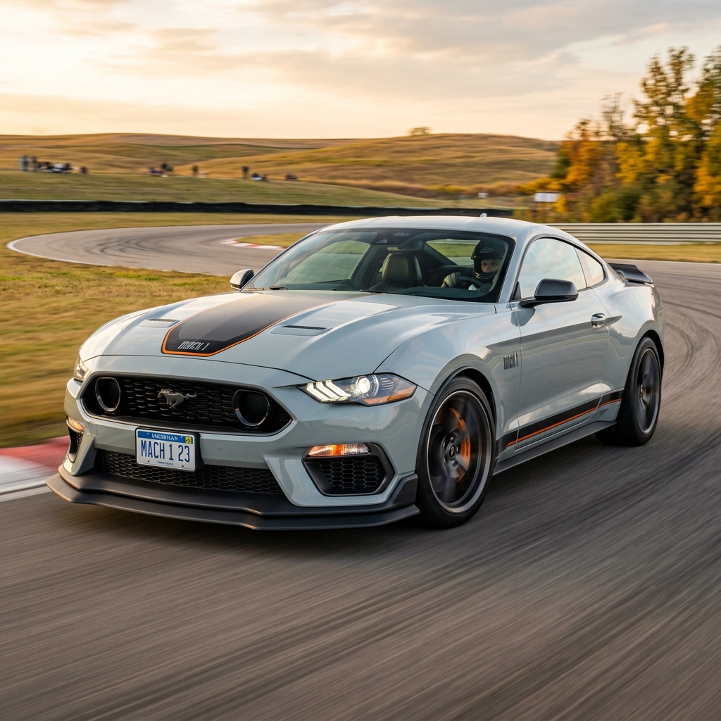 Light gray Ford Mustang Mach 1 with orange accents driving on a racetrack at sunset. (Representative image for illustration purposes only. Actual vehicle may vary based on trim and configuration.)