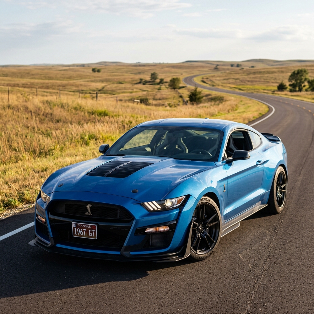 Blue Ford Mustang Shelby GT500 parked on a winding asphalt road through rural rolling hills. (Representative image for illustration purposes only. Actual vehicle may vary based on trim and configuration.)
