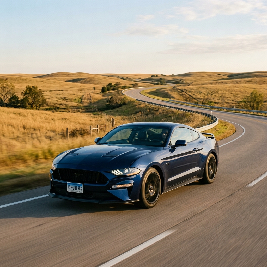Dark blue Ford Mustang driving along a winding asphalt road through rolling golden hills under a clear sky. (Representative image for illustration purposes only. Actual vehicle may vary based on trim and configuration.)