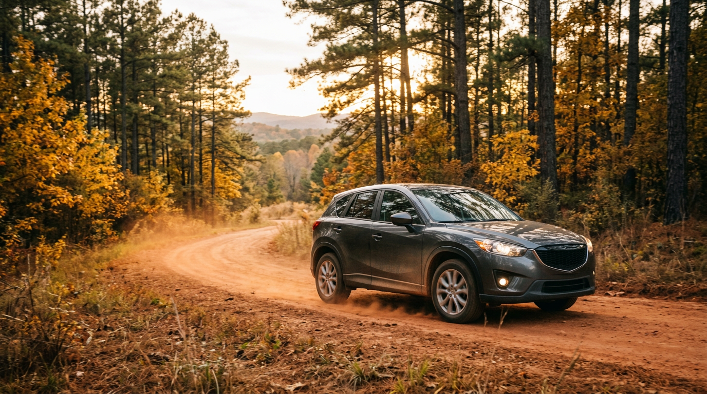 A dark gray SUV driving down a dirt road kicking up dust through an autumn pine forest. (Representative image for illustration purposes only. Actual vehicle may vary based on trim and configuration.)