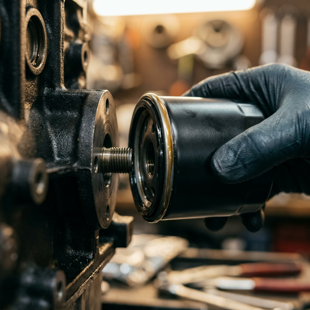 Gloved hand aligning a new black oil filter onto the threaded stud of a metal engine block. (Representative image for illustration purposes only. Actual vehicle may vary based on trim and configuration.)
