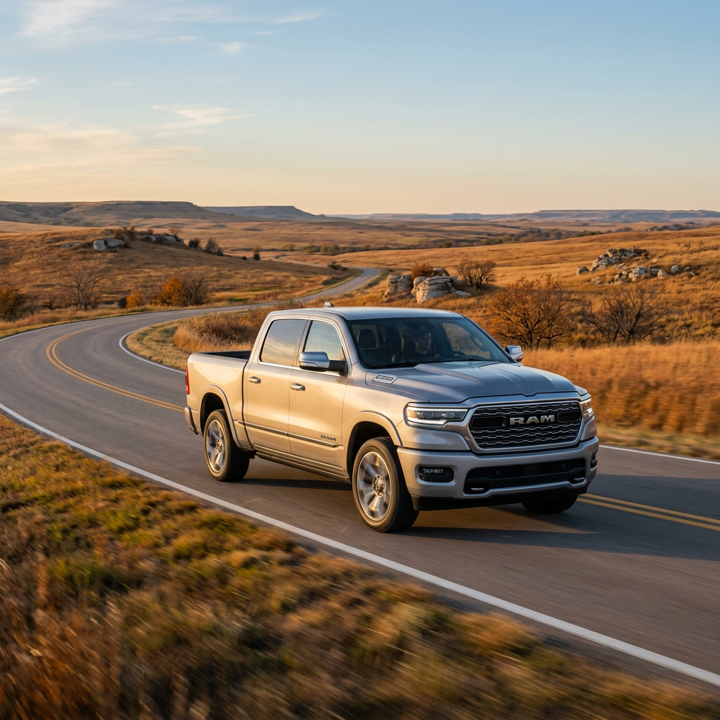 Silver RAM pickup truck driving along a winding asphalt road through rolling golden hills at sunset. (Representative image for illustration purposes only. Actual vehicle may vary based on trim and configuration.)