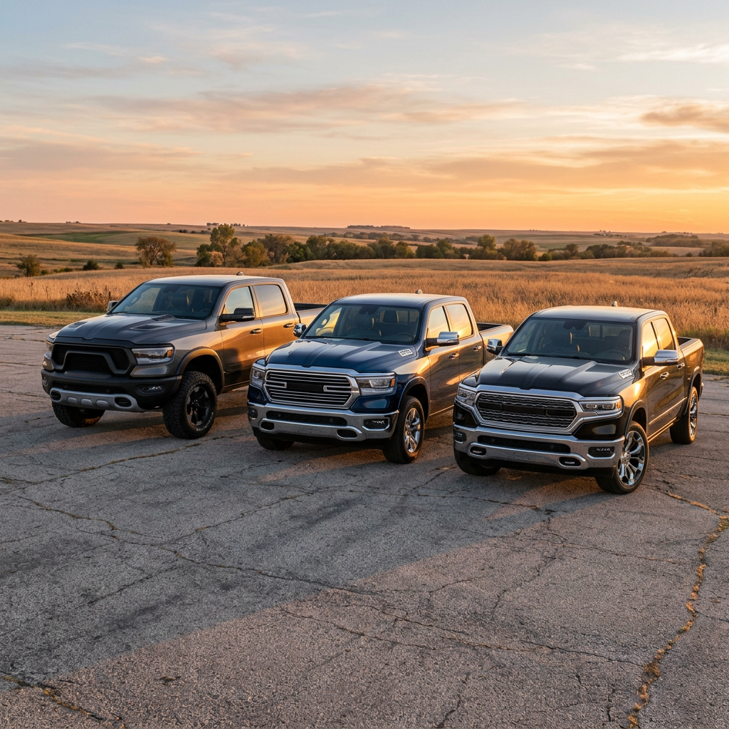 Three RAM 1500 pickup trucks parked side by side on cracked pavement in a rural field during sunset. (Representative image for illustration purposes only. Actual vehicle may vary based on trim and configuration.)
