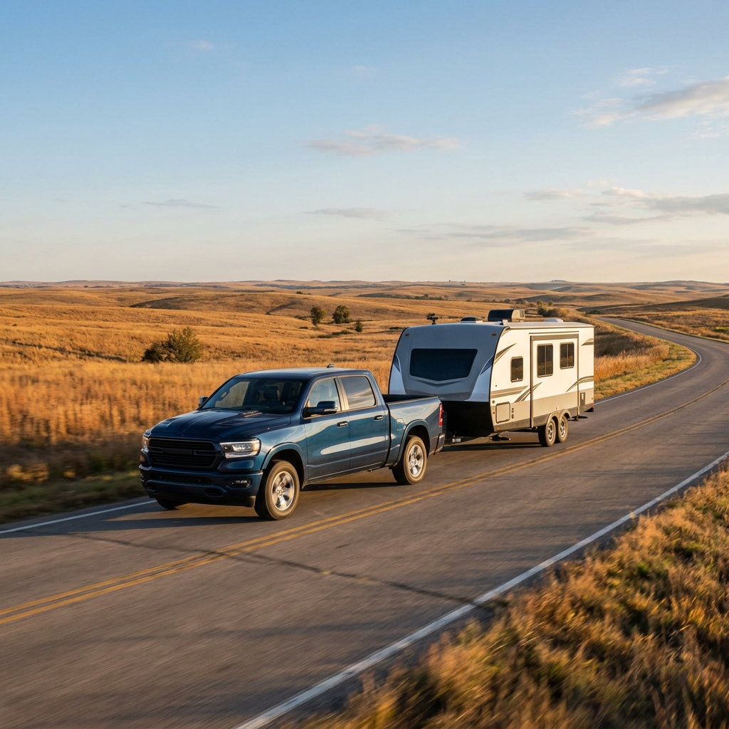 Blue pickup truck towing a white travel trailer along a winding rural road through golden grassy hills. (Representative image for illustration purposes only. Actual vehicle may vary based on trim and configuration.)