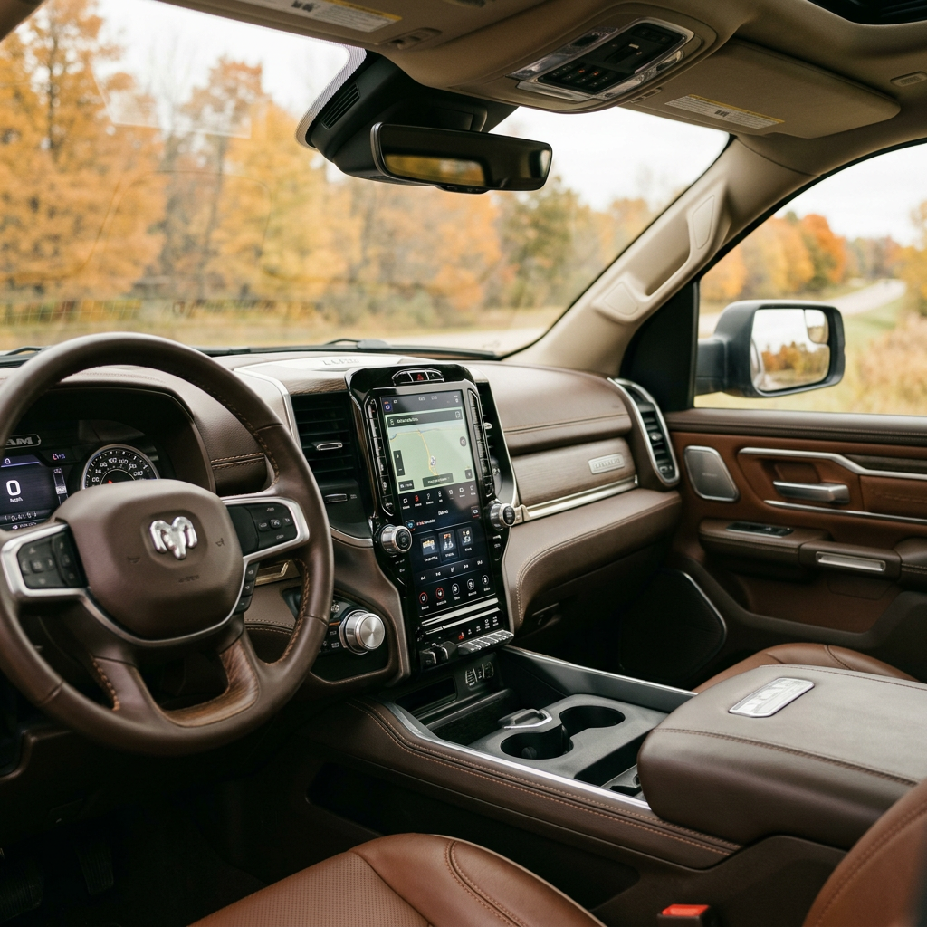 Interior view of a luxury Ram truck featuring brown leather seats and a large central touchscreen display. (Representative image for illustration purposes only. Actual vehicle may vary based on trim and configuration.)