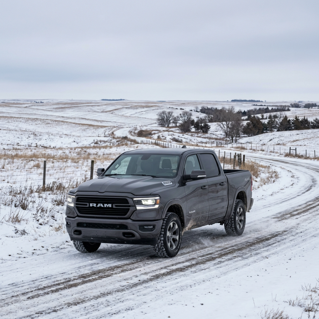 Dark gray Ram pickup truck driving down a snow-covered dirt road through rolling winter countryside. (Representative image for illustration purposes only. Actual vehicle may vary based on trim and configuration.)
