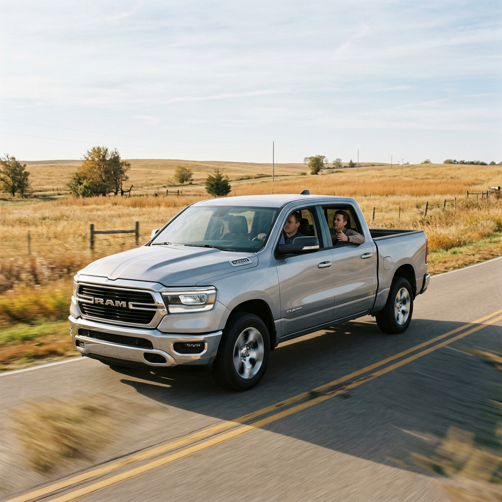Silver RAM pickup truck driving down a paved country road next to open golden fields. (Representative image for illustration purposes only. Actual vehicle may vary based on trim and configuration.)