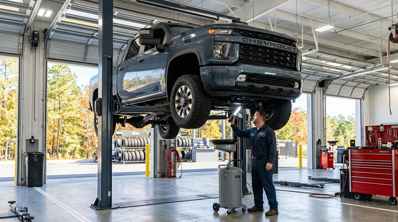 Mechanic holding a light to inspect a Chevrolet truck elevated on a hydraulic lift inside an auto repair shop. (Representative image for illustration purposes only. Actual vehicle may vary based on trim and configuration.)