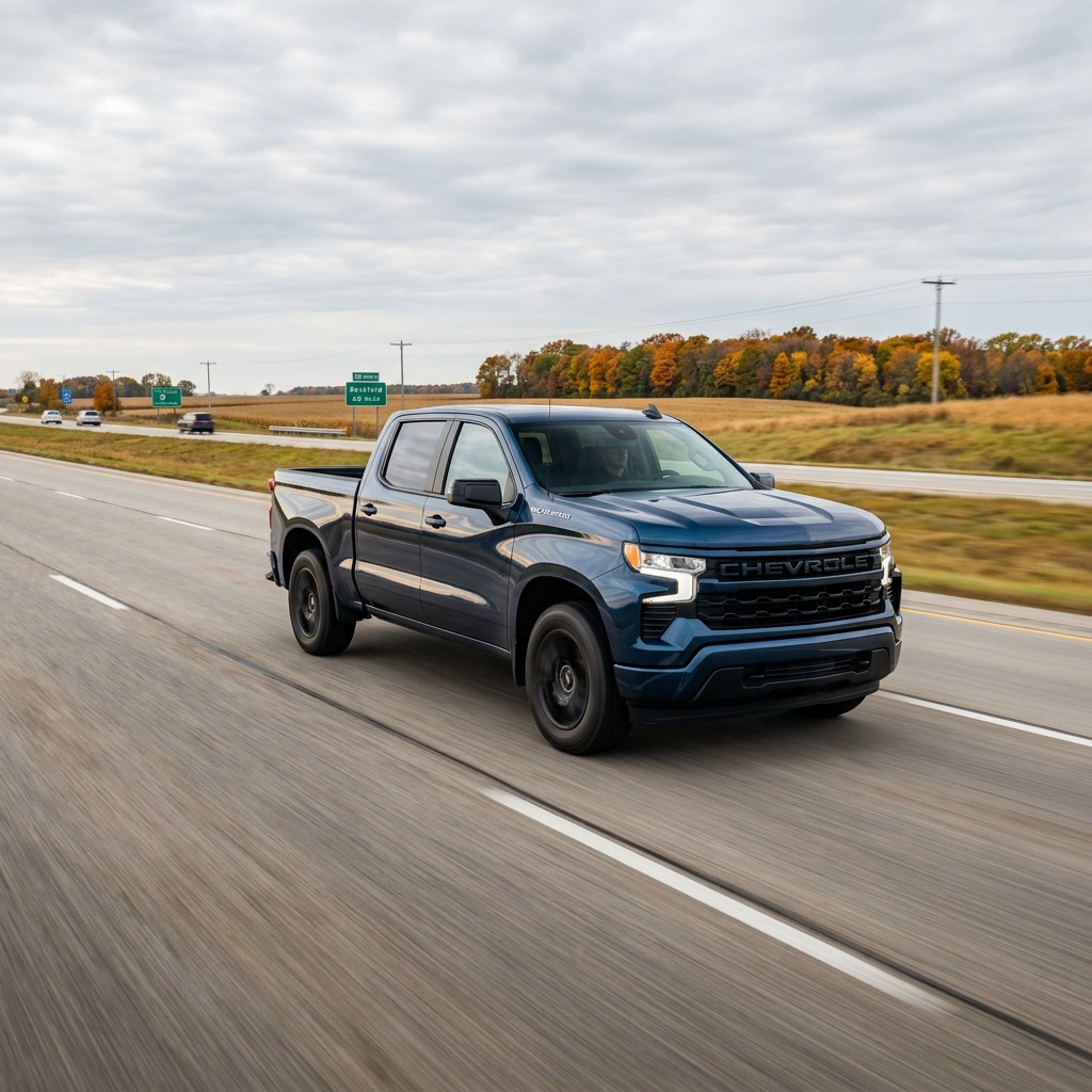 A dark blue Chevrolet Silverado pickup truck driving along a multi-lane highway during autumn. (Representative image for illustration purposes only. Actual vehicle may vary based on trim and configuration.)