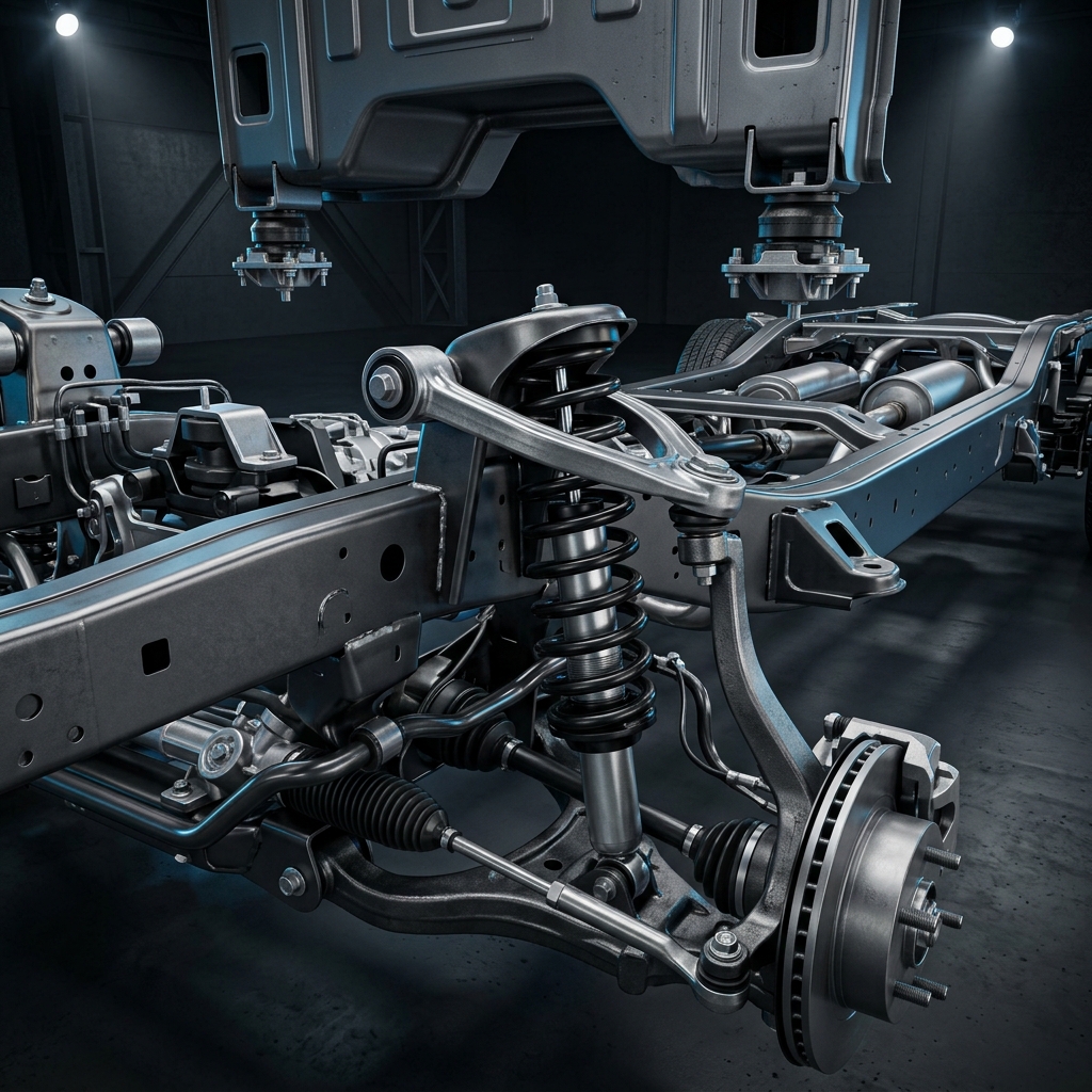 Render of a vehicle chassis showing the front suspension coilover, brake disc rotor, and ladder frame. (Representative image for illustration purposes only. Actual vehicle may vary based on trim and configuration.)
