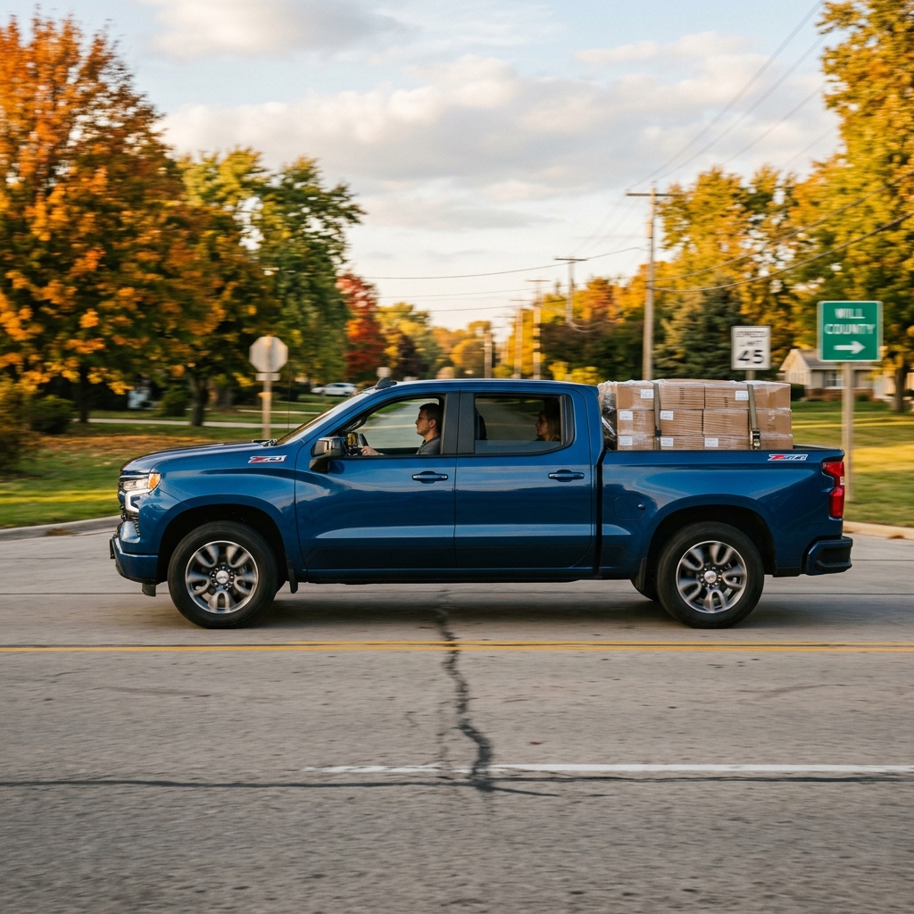 Blue pickup truck driving on a suburban road with cardboard boxes strapped into the truck bed during autumn. (Representative image for illustration purposes only. Actual vehicle may vary based on trim and configuration.)