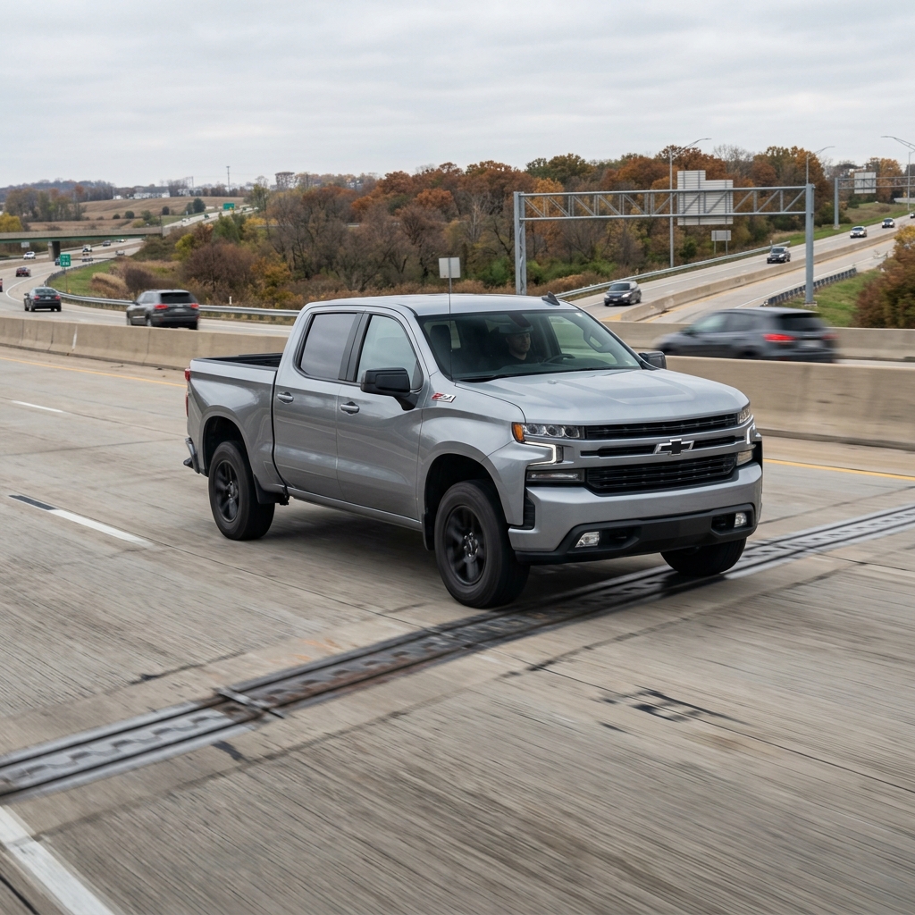 A silver Chevrolet Silverado pickup truck driving along a concrete highway on an overcast day. (Representative image for illustration purposes only. Actual vehicle may vary based on trim and configuration.)