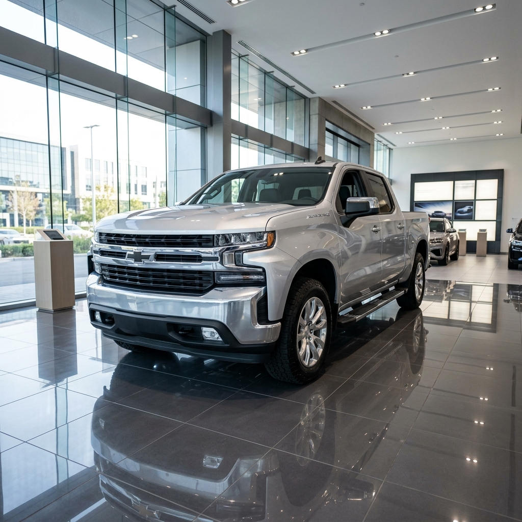 Silver Chevrolet Silverado pickup truck parked on a glossy floor inside a modern car dealership showroom. (Representative image for illustration purposes only. Actual vehicle may vary based on trim and configuration.)