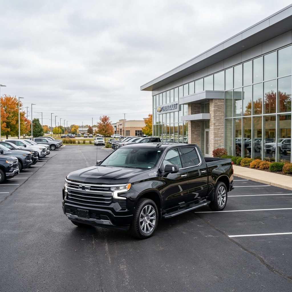 A black Chevrolet Silverado pickup truck parked in front of a modern Chevrolet dealership on an overcast day. (Representative image for illustration purposes only. Actual vehicle may vary based on trim and configuration.)