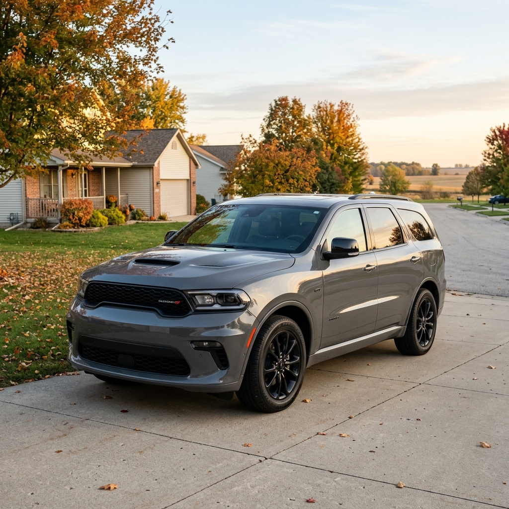 Dark grey Dodge Durango SUV parked on a driveway in a suburban neighborhood with autumn leaves. (Representative image for illustration purposes only. Actual vehicle may vary based on trim and configuration.)