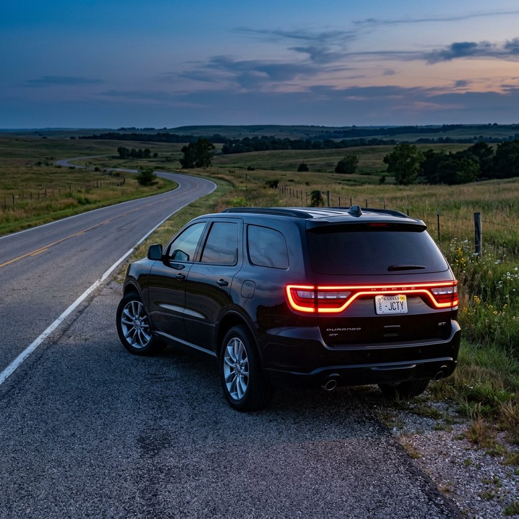 Rear view of a dark Dodge Durango SUV parked on a rural road at sunset with LED taillights illuminated. (Representative image for illustration purposes only. Actual vehicle may vary based on trim and configuration.)