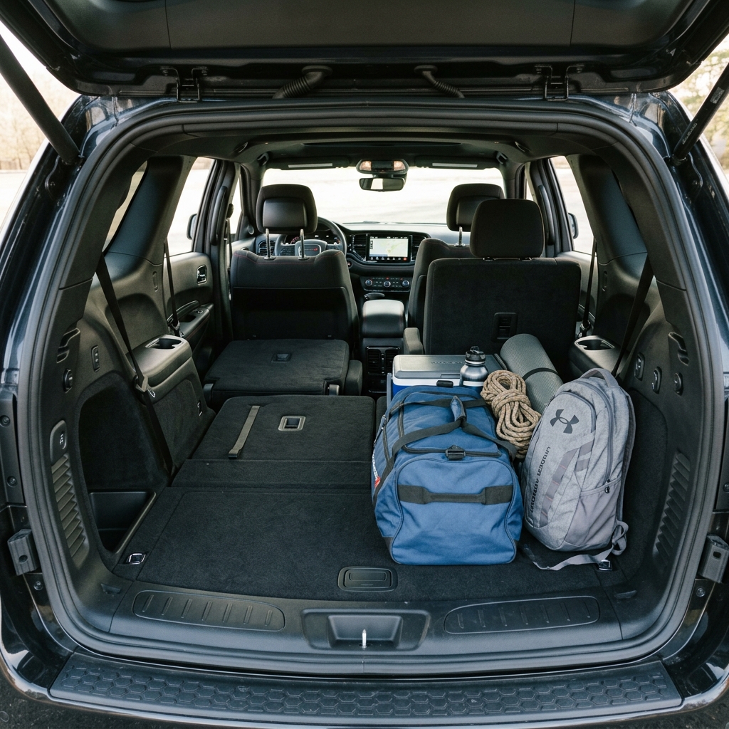 Open SUV trunk loaded with a blue duffel bag, grey backpack, rope, and camping gear alongside folded seats. (Representative image for illustration purposes only. Actual vehicle may vary based on trim and configuration.)