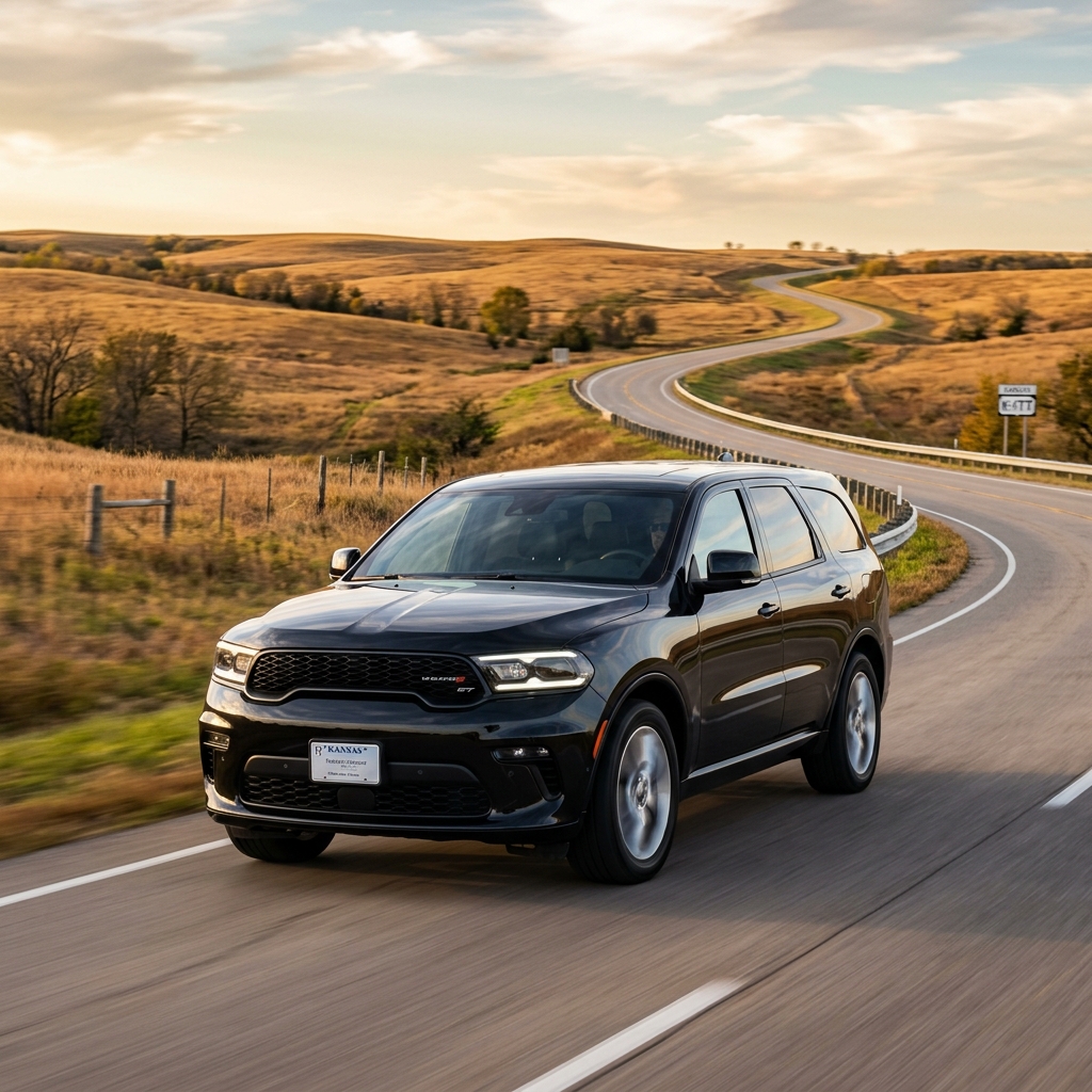 Black Dodge Durango SUV driving along a winding highway through rolling golden hills in Kansas. (Representative image for illustration purposes only. Actual vehicle may vary based on trim and configuration.)