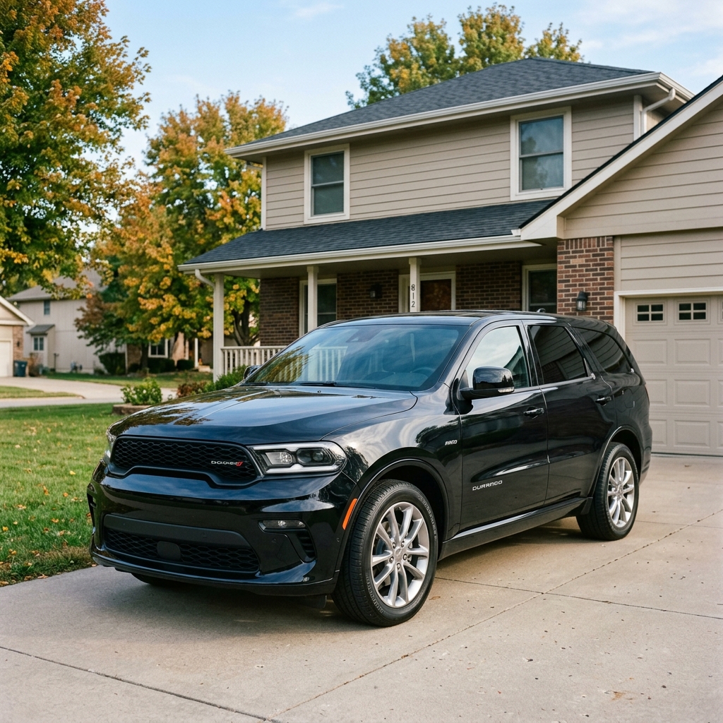 Black Dodge Durango SUV parked on a concrete driveway in front of a modern suburban house during autumn. (Representative image for illustration purposes only. Actual vehicle may vary based on trim and configuration.)