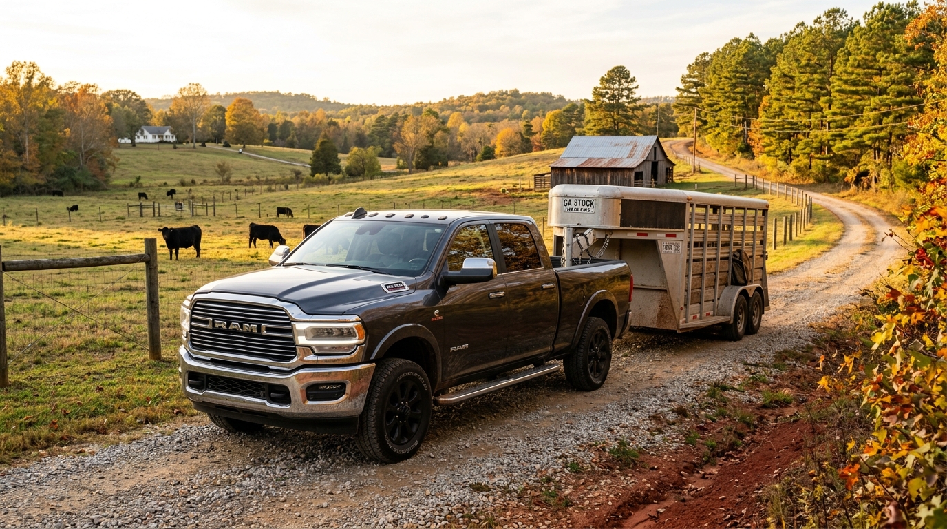 Dark grey Ram heavy-duty pickup truck towing a silver livestock trailer on a dirt road through a farm at golden hour. (Representative image for illustration purposes only. Actual vehicle may vary based on trim and configuration.)