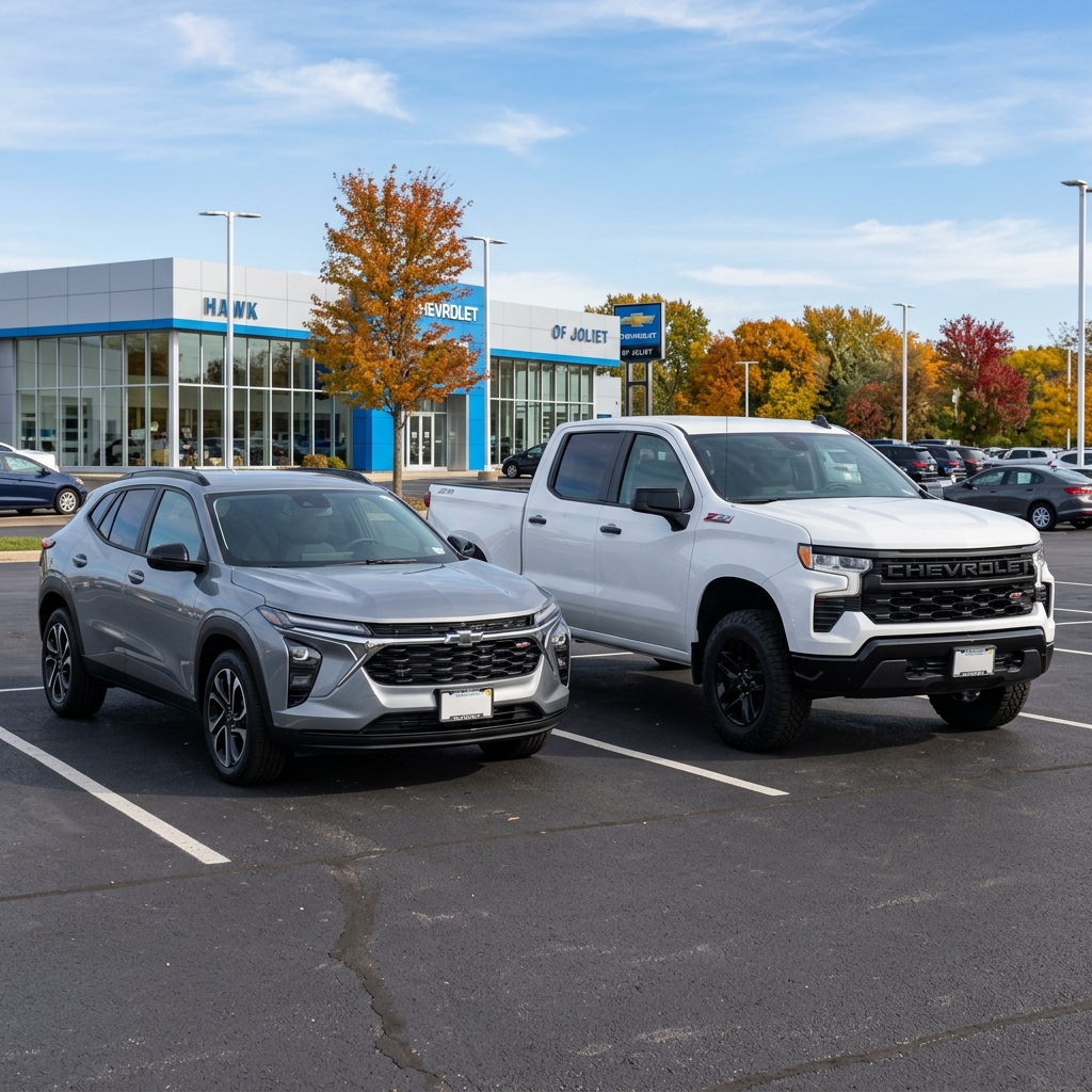 Silver Chevrolet Trax crossover and white Chevy Silverado truck parked outside a Hawk Chevrolet dealership lot. (Representative image for illustration purposes only. Actual vehicle may vary based on trim and configuration.)