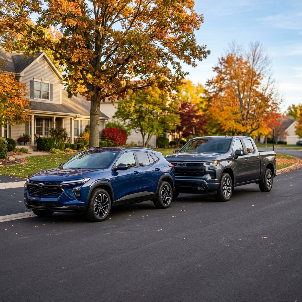 A blue Chevrolet crossover SUV and a dark grey pickup truck parked along a suburban street in autumn. (Representative image for illustration purposes only. Actual vehicle may vary based on trim and configuration.)