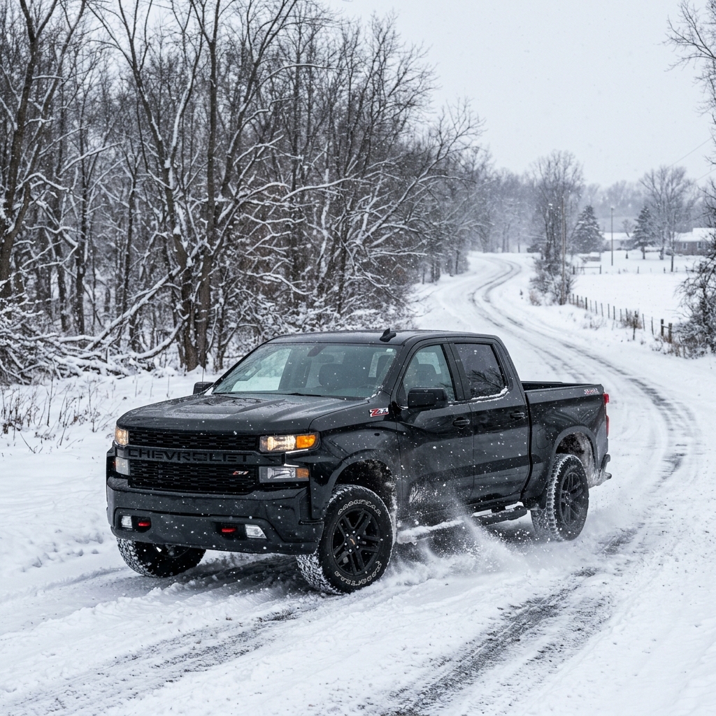 A black Chevrolet Silverado pickup truck driving along a snow-covered road surrounded by winter trees. (Representative image for illustration purposes only. Actual vehicle may vary based on trim and configuration.)