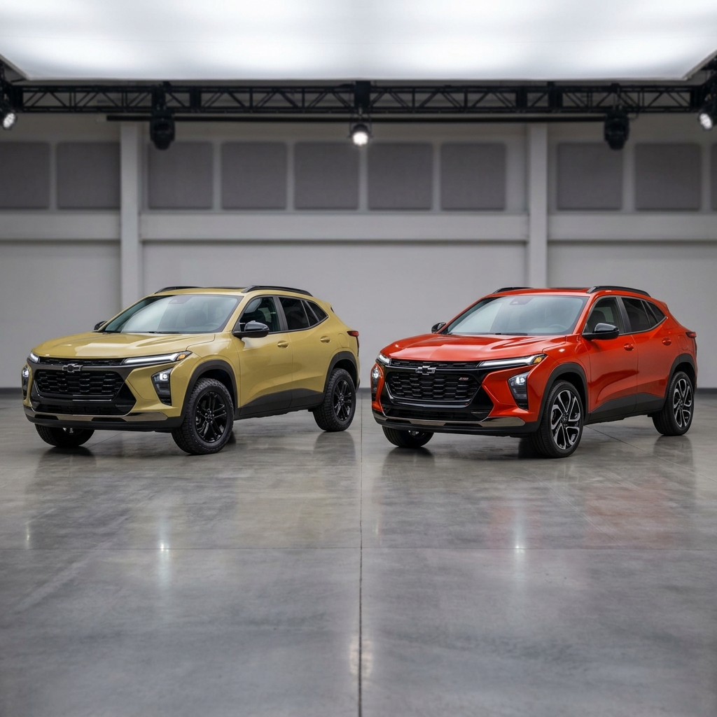Gold Chevrolet Trax ACTIV and red Chevrolet Trax RS parked side-by-side in a studio space. (Representative image for illustration purposes only. Actual vehicle may vary based on trim and configuration.)