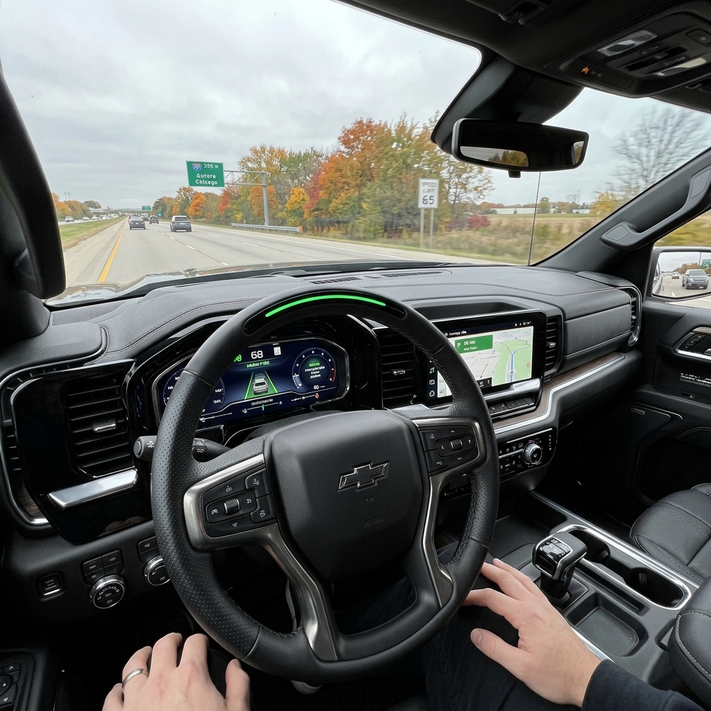Driver's view inside a Chevy using Super Cruise hands-free driving on a highway lined with autumn trees. (Representative image for illustration purposes only. Actual vehicle may vary based on trim and configuration.)