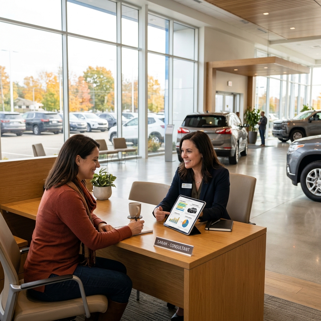 A female sales consultant points to a tablet presentation while meeting with a customer inside a car dealership. (Representative image for illustration purposes only. Actual vehicle may vary based on trim and configuration.)