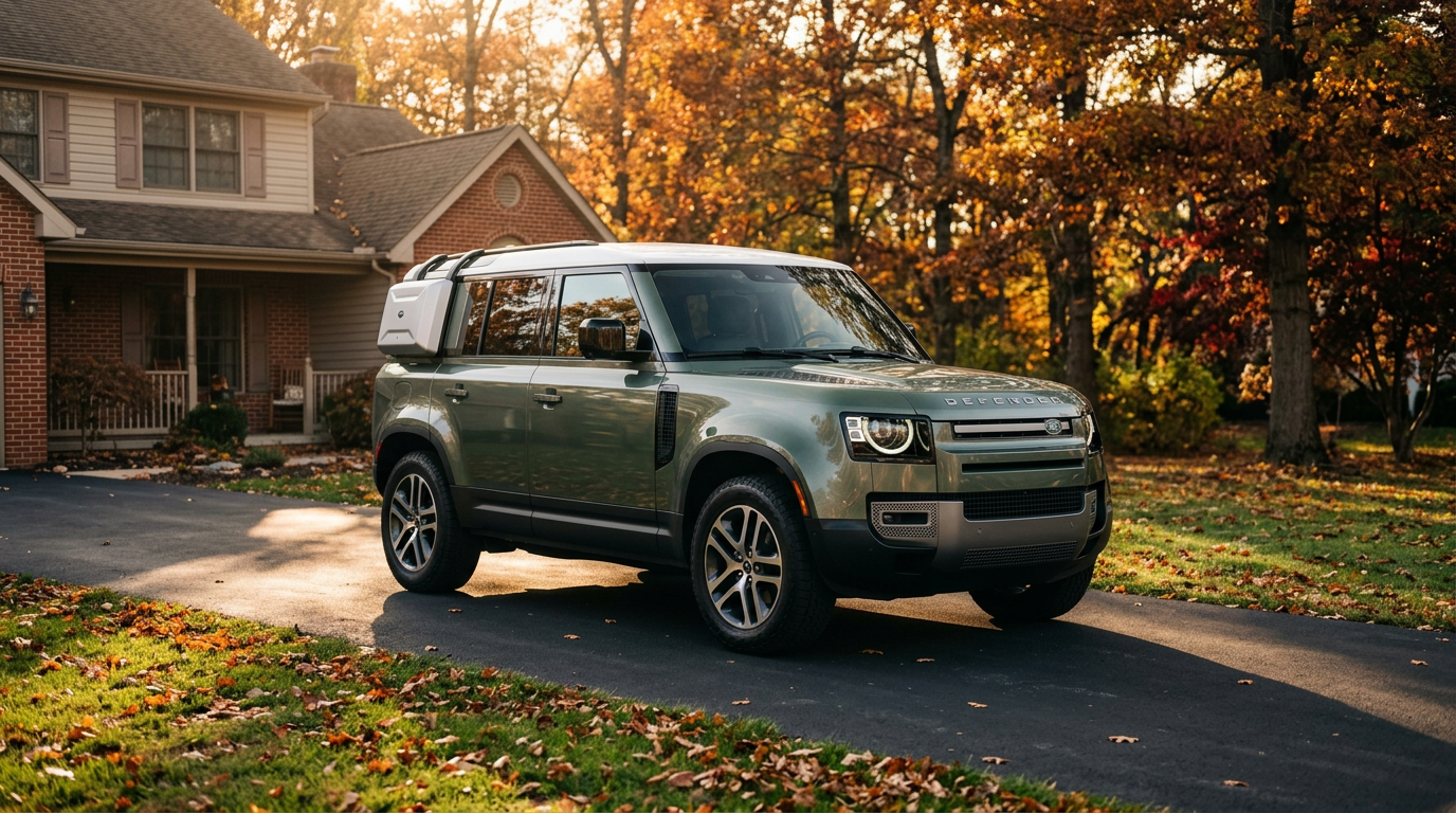 Sage green Land Rover Defender parked on a residential driveway surrounded by vibrant autumn trees and fallen leaves. (Representative image for illustration purposes only. Actual vehicle may vary based on trim and configuration.)