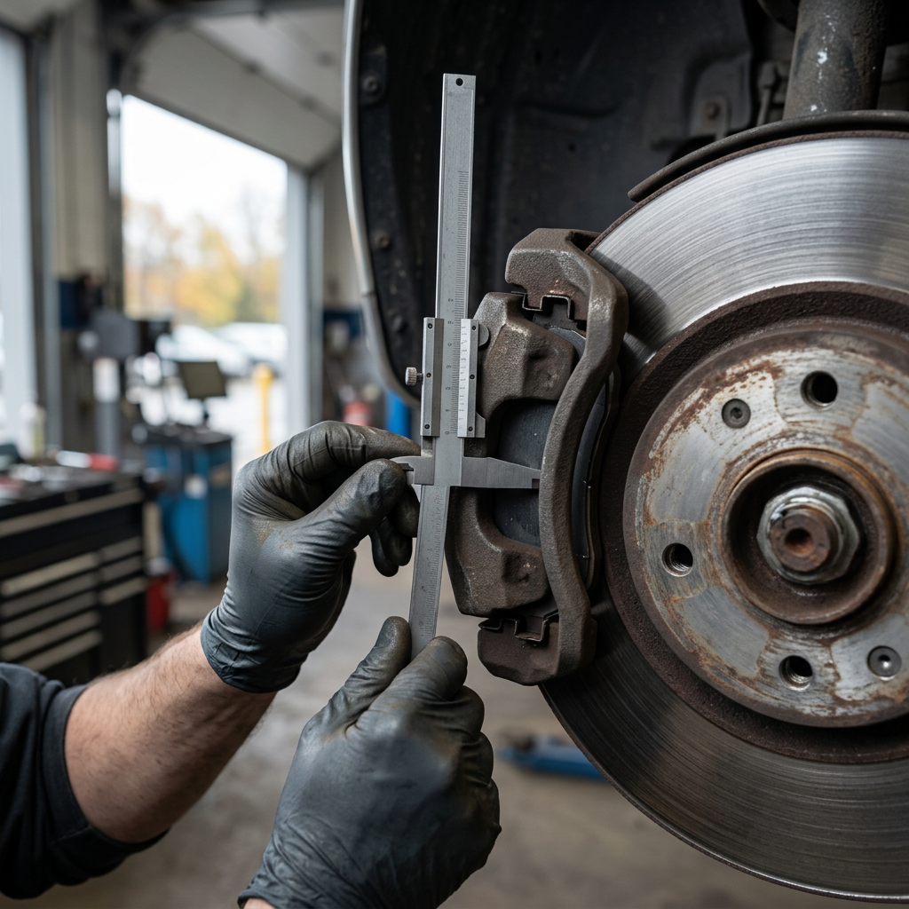 Mechanic wearing black gloves using a metal vernier caliper to measure brake pad thickness on a car rotor assembly. (Representative image for illustration purposes only. Actual vehicle may vary based on trim and configuration.)