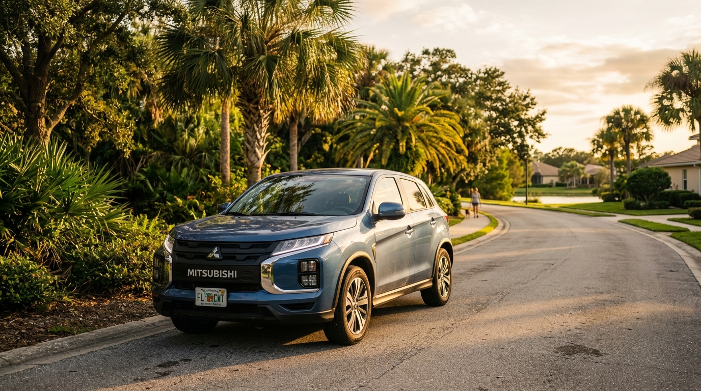 Blue Mitsubishi SUV parked on a paved residential street lined with palm trees during golden hour. (Representative image for illustration purposes only. Actual vehicle may vary based on trim and configuration.)