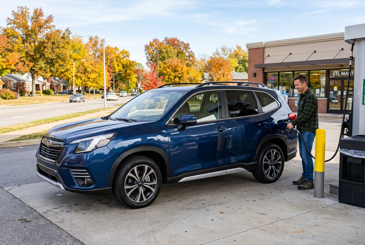 A man pumping gasoline into a dark blue Subaru SUV at a fuel pump outside a convenience store. (Representative image for illustration purposes only. Actual vehicle may vary based on trim and configuration.)
