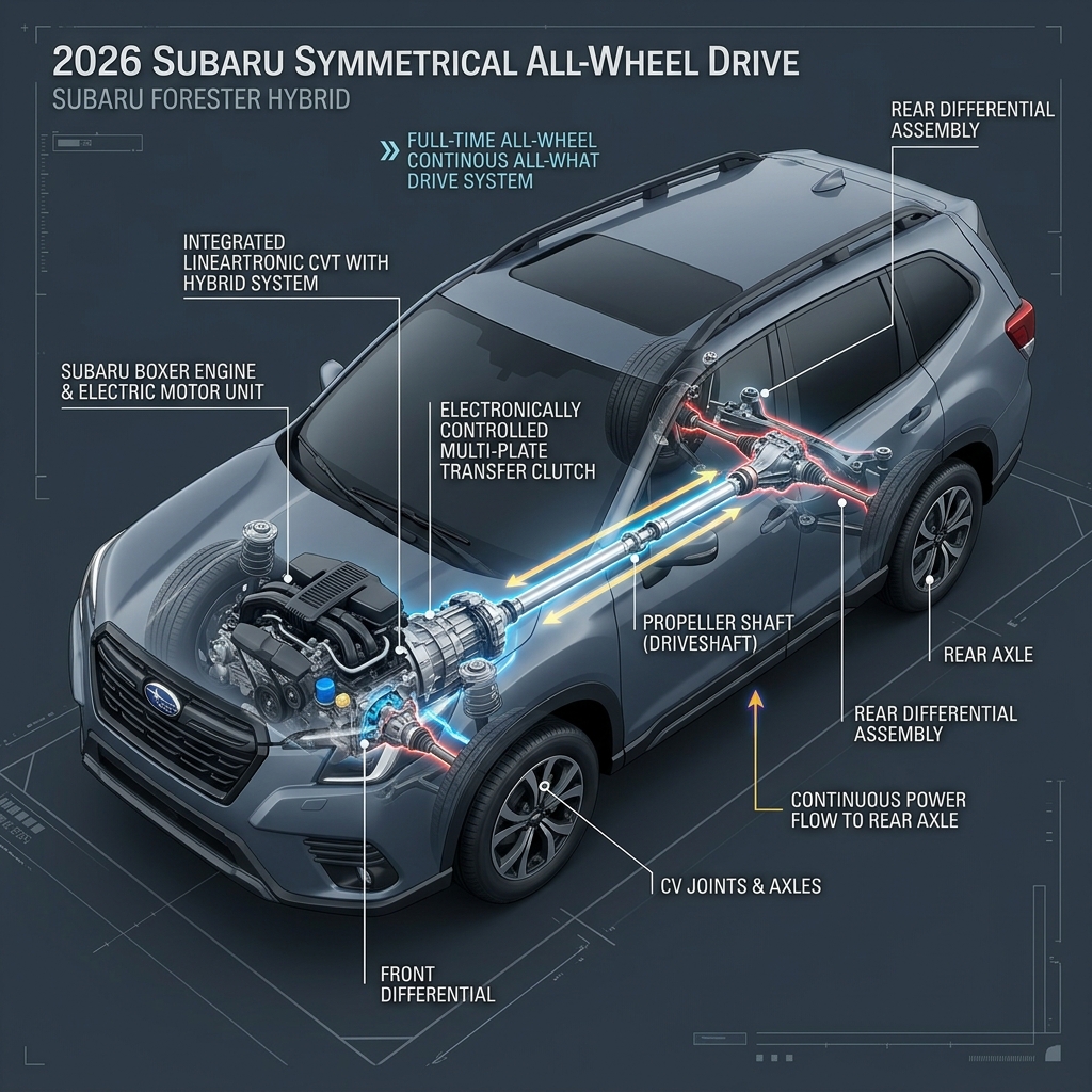Cutaway technical diagram showing the symmetrical all-wheel drive system components of a Subaru Forester Hybrid. (Representative image for illustration purposes only. Actual vehicle may vary based on trim and configuration.)