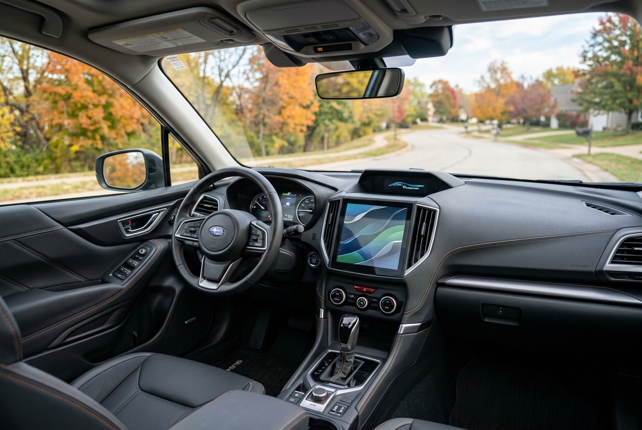 Interior view of a Subaru dashboard and steering wheel looking out onto a suburban road surrounded by autumn foliage. (Representative image for illustration purposes only. Actual vehicle may vary based on trim and configuration.)