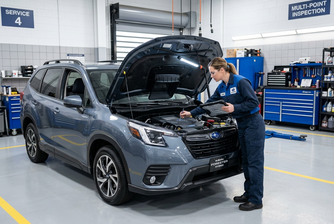 Female technician inspecting the engine bay of a grey Subaru Forester Hybrid in a service center garage. (Representative image for illustration purposes only. Actual vehicle may vary based on trim and configuration.)