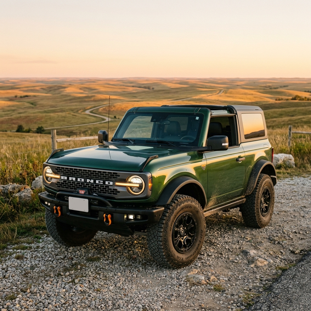 Green two-door Ford Bronco parked on a gravel road overlooking rolling hills at sunset. (Representative image for illustration purposes only. Actual vehicle may vary based on trim and configuration.)