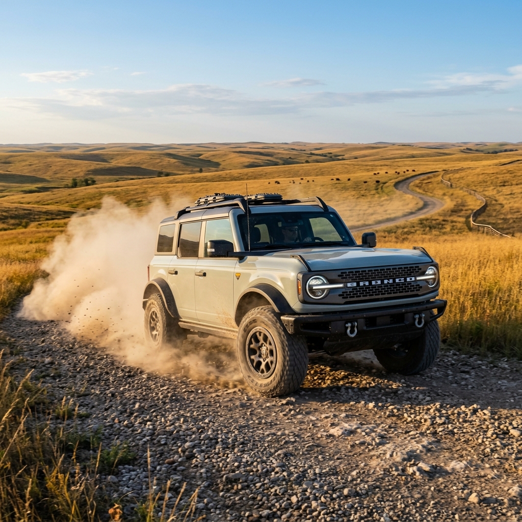 Light gray Ford Bronco driving along a gravel road, kicking up dust in rolling grassy hills. (Representative image for illustration purposes only. Actual vehicle may vary based on trim and configuration.)