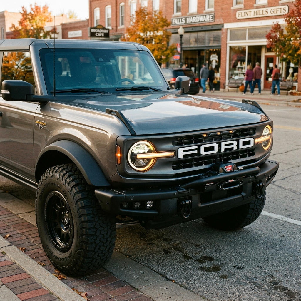 Dark grey Ford Bronco equipped with off-road tires parked on a brick-lined main street during autumn. (Representative image for illustration purposes only. Actual vehicle may vary based on trim and configuration.)