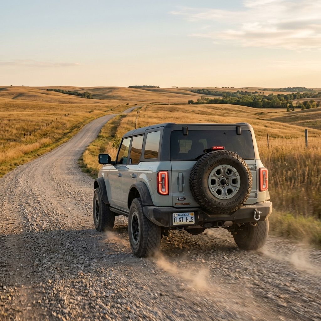 A light gray Ford Bronco driving down a gravel country road through rolling golden hills, kicking up dust. (Representative image for illustration purposes only. Actual vehicle may vary based on trim and configuration.)
