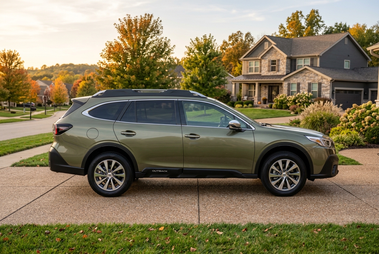 Side profile of an olive green Subaru Outback parked on a suburban driveway during autumn. (Representative image for illustration purposes only. Actual vehicle may vary based on trim and configuration.)