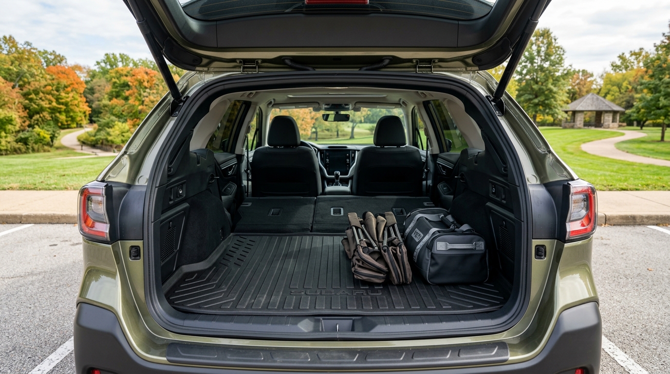 Open trunk of a green Subaru SUV with rear seats folded flat, holding camp chairs and a duffel bag. (Representative image for illustration purposes only. Actual vehicle may vary based on trim and configuration.)
