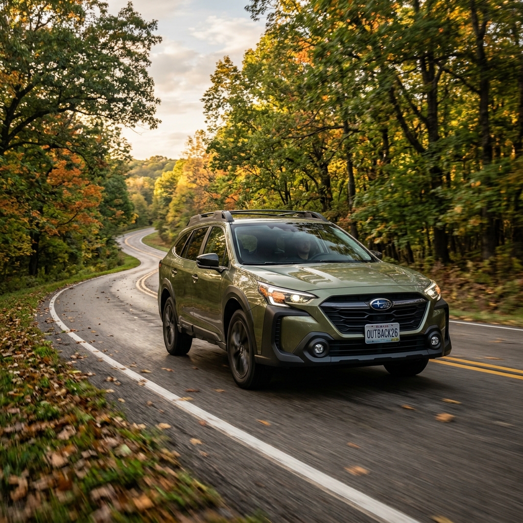 Olive green Subaru Outback driving along a winding asphalt road through a colorful autumn forest. (Representative image for illustration purposes only. Actual vehicle may vary based on trim and configuration.)