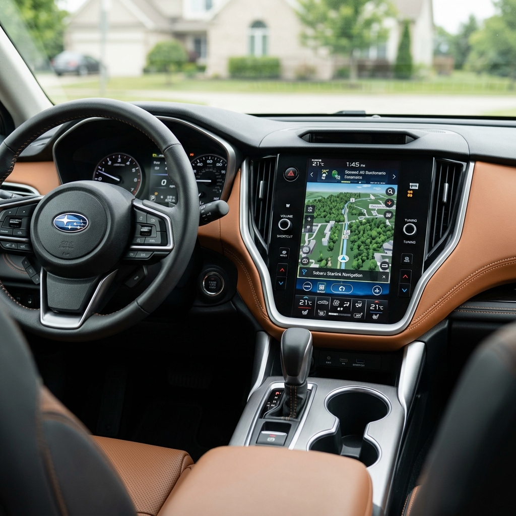 Driver seat view of a modern Subaru interior with tan leather trim and a large vertical infotainment touchscreen. (Representative image for illustration purposes only. Actual vehicle may vary based on trim and configuration.)