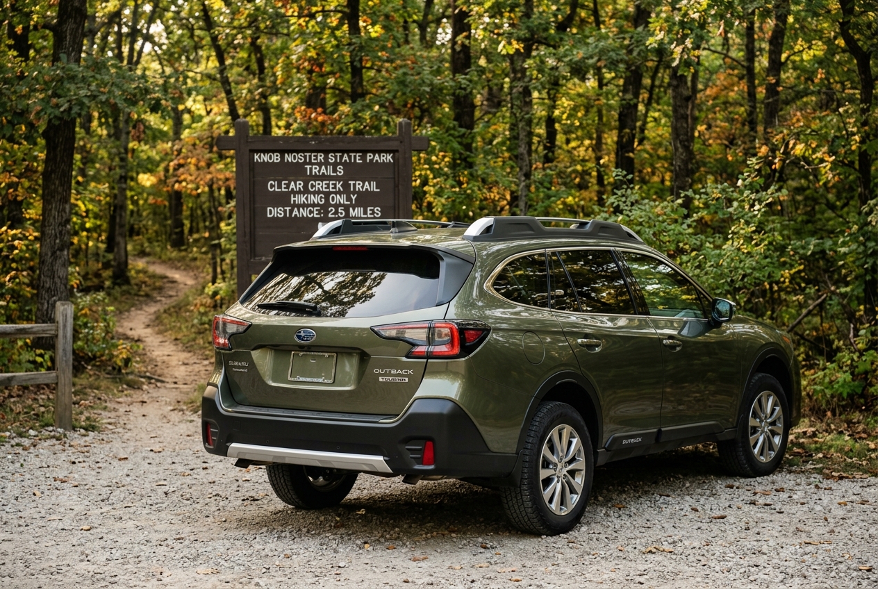 Rear view of a green Subaru Outback parked on a gravel path next to a trail entrance sign in a forest. (Representative image for illustration purposes only. Actual vehicle may vary based on trim and configuration.)