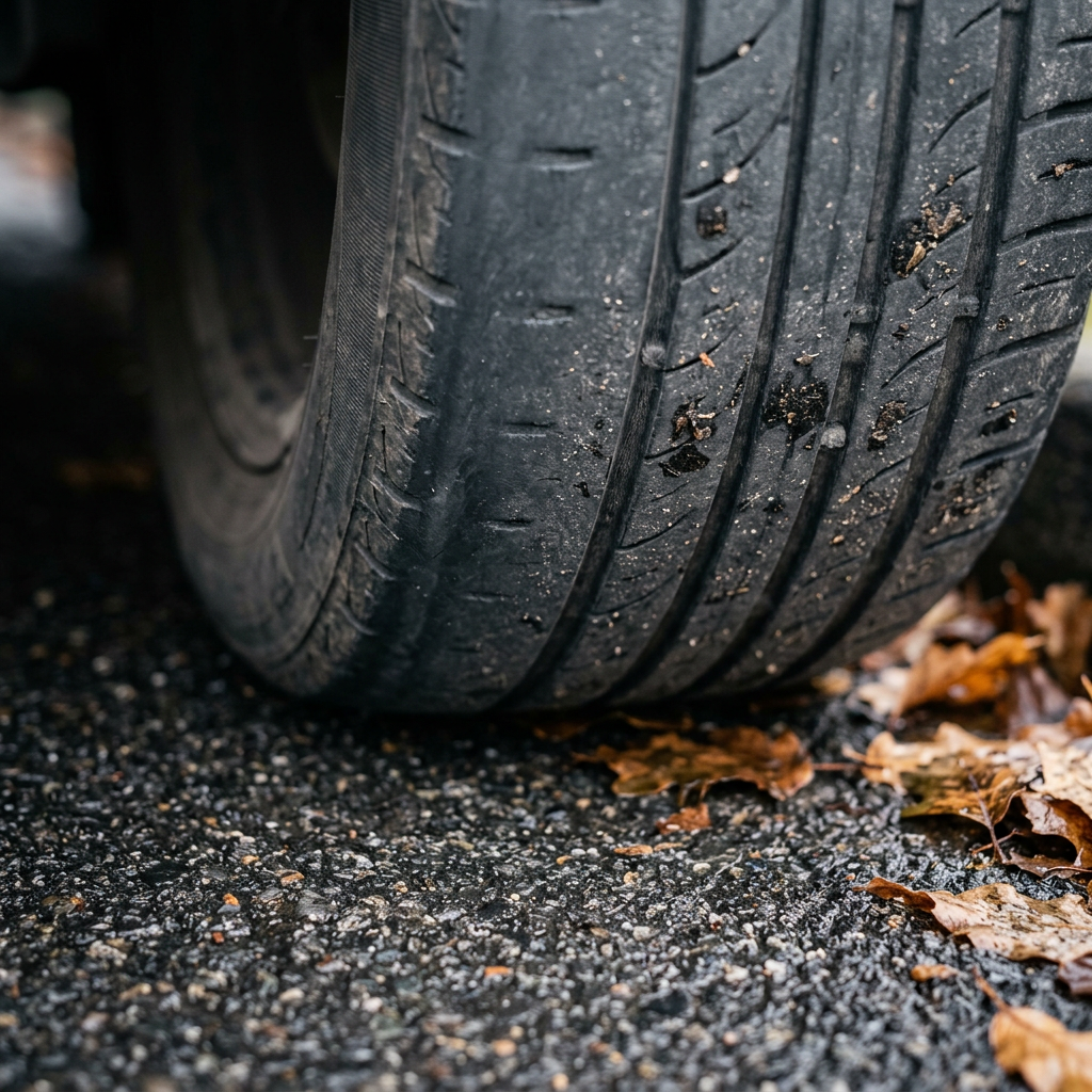 Close-up of a severely worn car tire with low tread depth resting on a wet asphalt road with fallen leaves. (Representative image for illustration purposes only. Actual vehicle may vary based on trim and configuration.)